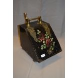 Victorian Brass and Enamel Metal Coal Box with Floral Painted Decoration