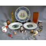 Table Lot; Two Nursery Alphabet Plates, Orange Glass Vase, Small Monkey Ornaments, Silver Plates