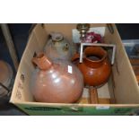 Box Containing Large Stoneware Jugs, Candle Stick, Trivet and Book Ends