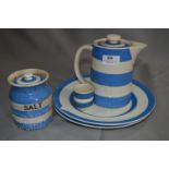 T.G. Green Cornish Ware; Coffee Pot, Salt Pot, Two Plates and an Egg Cup