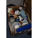 Box Containing Sampler Childrens Nursery Plates, Victorian Jug, Doulton Vase, Cine Camera,