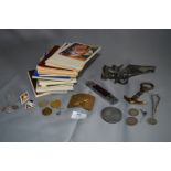 Tray of Eastern European Postcards, Medals, Badges, Coins, Russian Military Belt Buckle, etc.