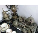 Large Quantity of Pewter Trays, Tea Sets and a Brass OIl Lamp