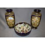 Pair of Japanese Blue & Gilt Decorated Vases and a Fruit Bowl