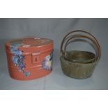 Three Brass Jam Pans and a Painted Tin Hat Box