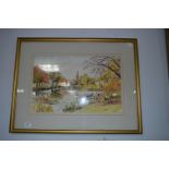 Framed Watercolour "Village River Scene"J. Laws