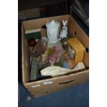 Box Containing Glass Vases, Ornaments, Clock, Vintage Books, Sylvac, etc.