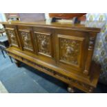 Large Solid Oak Sideboard with Carved Panel Doors