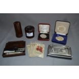 Kensitas Cigarette Silks, Commemorative Coins, Bakelite Items, Small Trinket Boxes, etc.