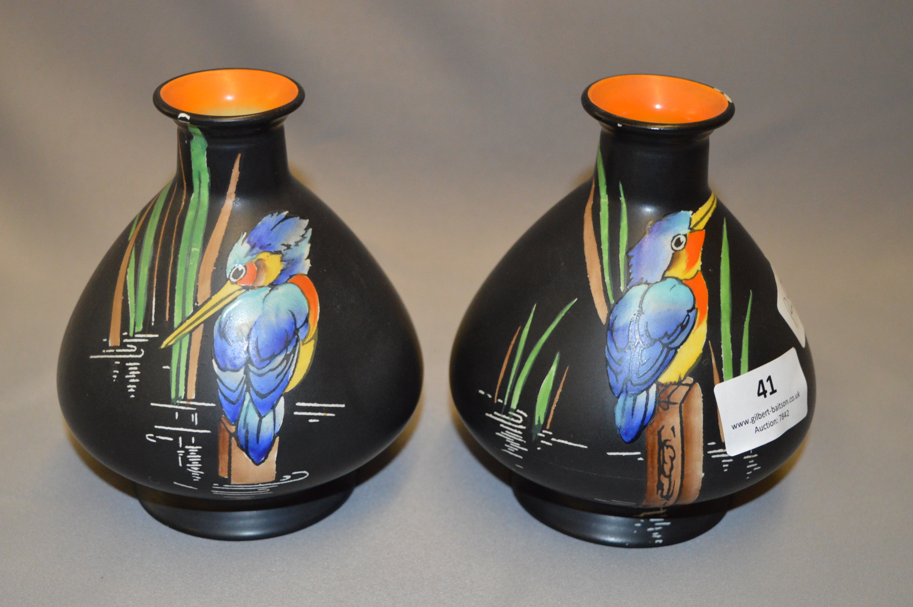 Pair Shelley Vases with Painted Kingfisher Decoration