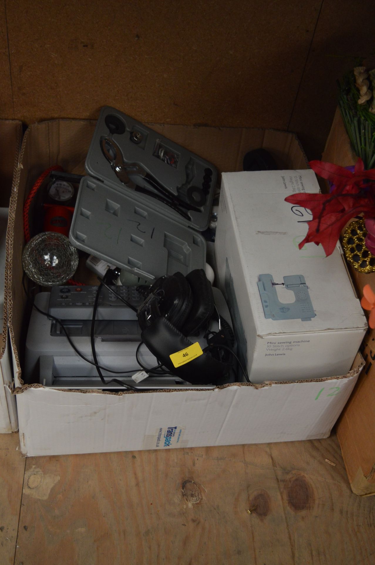 *Box Containing Foot Pump, Fax Machine, John Lewis Sewing Machine, Handtools, etc.