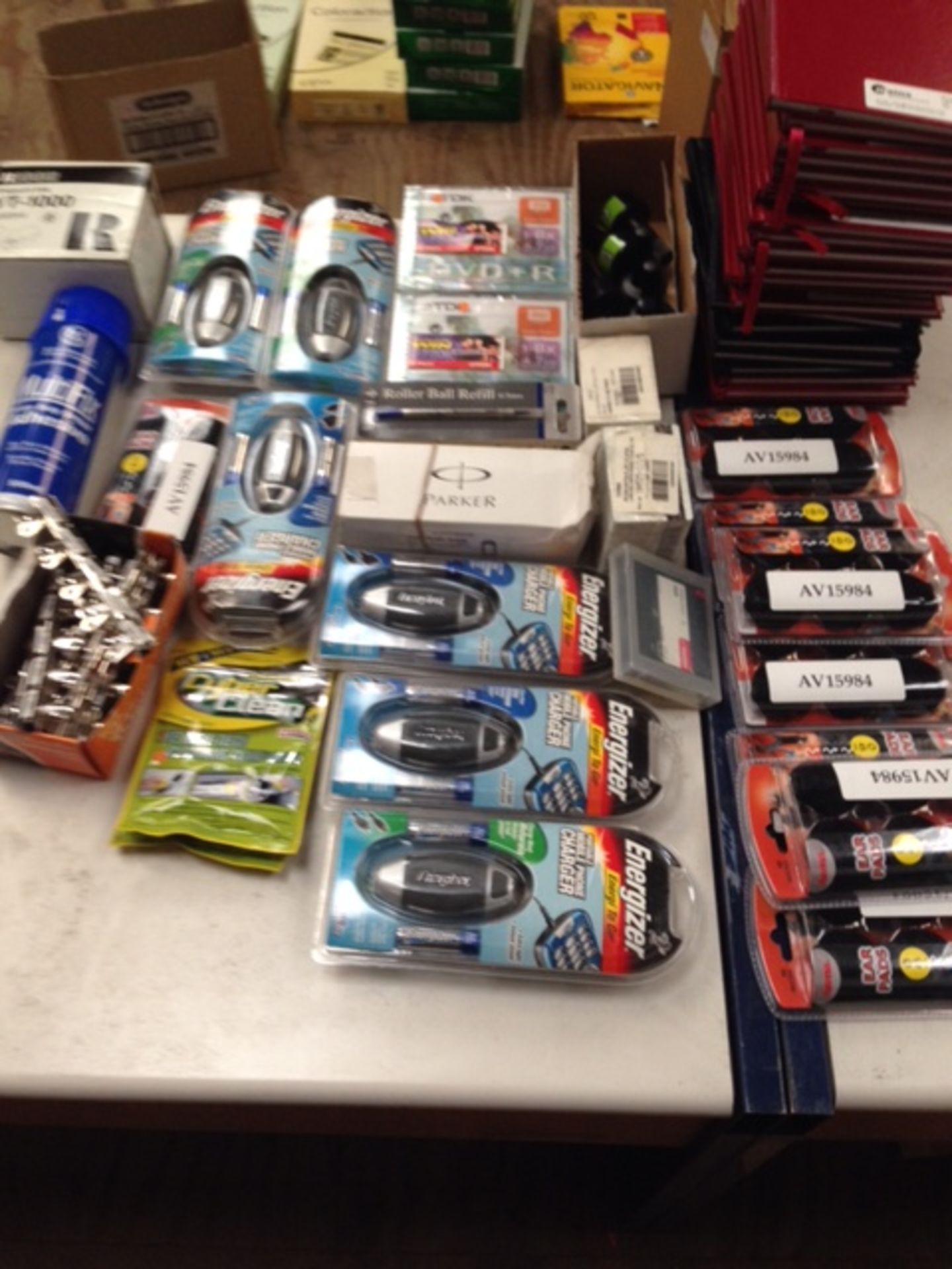 *Box Containg Mixed Stationery Items; Energizer Torches, Spray Adhesive, Cyber Clean Pads, Parker