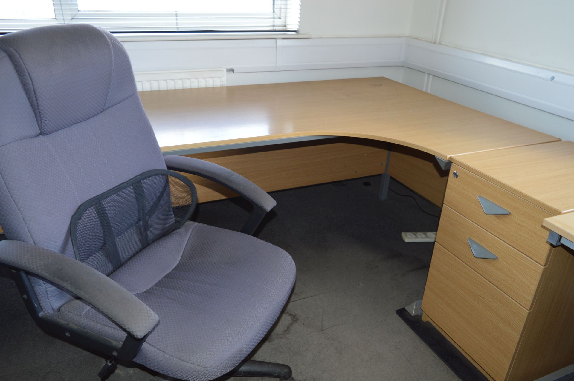 *L-Shape Desk with Right Hand Return in Light Oak and Silver Finish with Matching Three Drawer