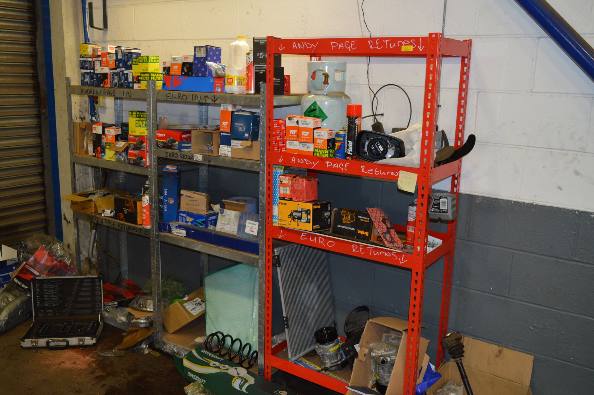 *Three Bays of Adjustable Shelving Containing Assorted Vehicle Spares; Oil Filters, Bracket