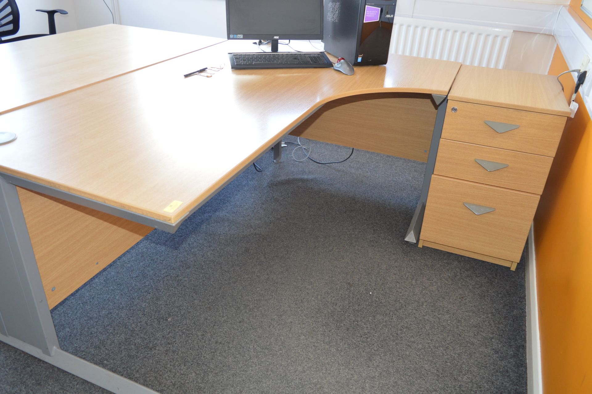 *L-Shape Desk with Right Hand Return in Light Oak Finish on Silver Frame with Matching Three