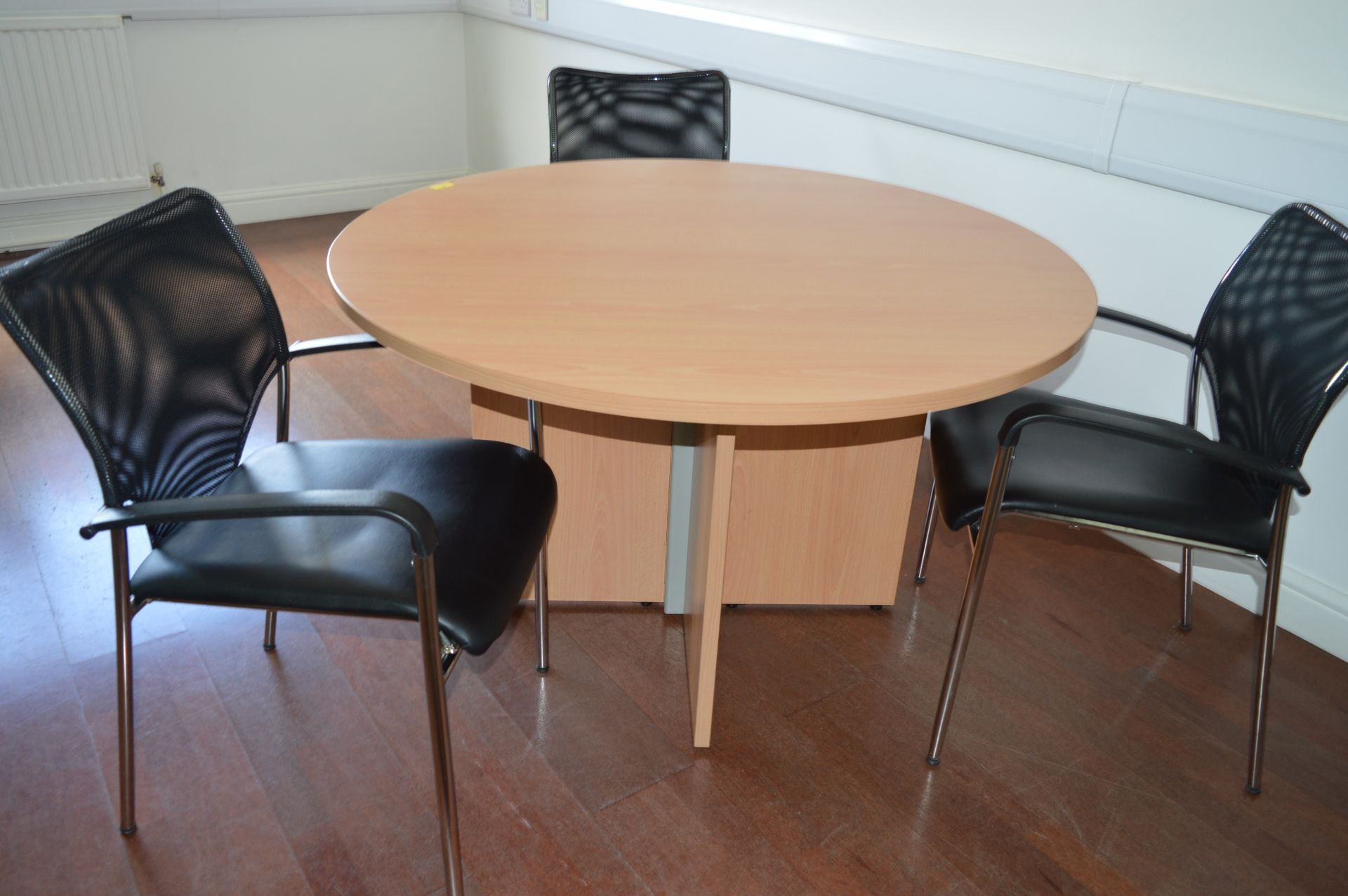 *Circular Meeting Room Table in Beech Finish with Three Contemporary Style Mesh Back Office Chairs