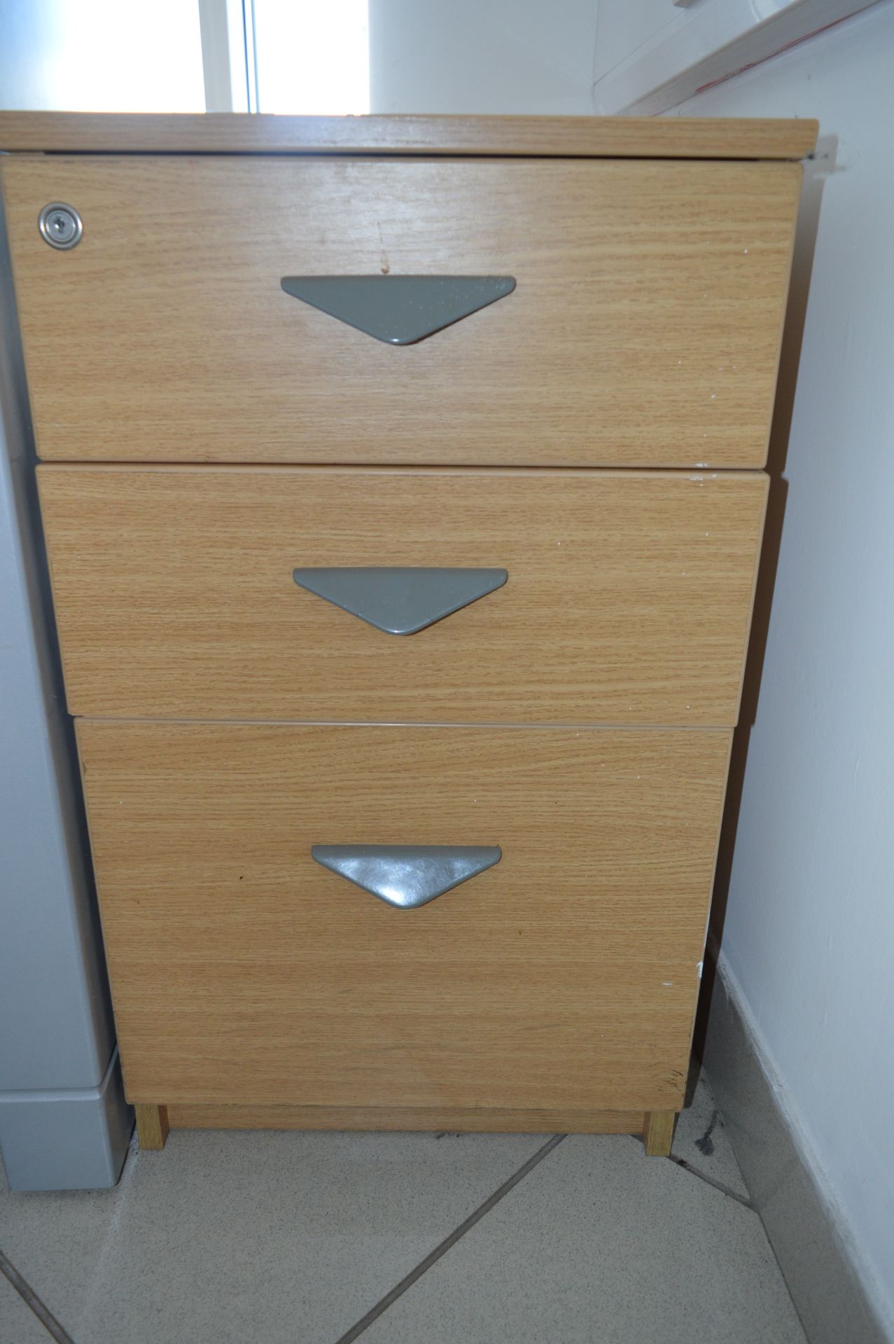 *Standalone Three Drawer Pedestal in Light Oak Finish