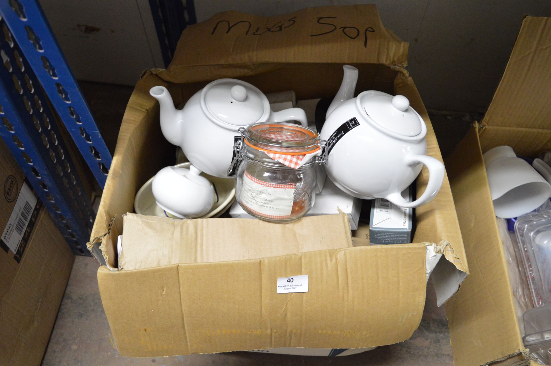 Box Containing Assorted Teapots, Kilner Storage Jars, Sugar Basins, etc.