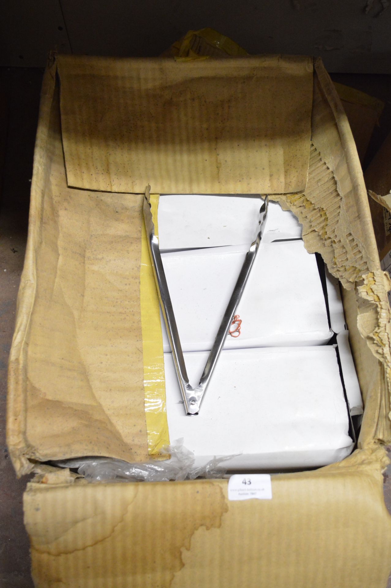 Box Containing Eight Cartons of Twelve Stainless Steel Tongs