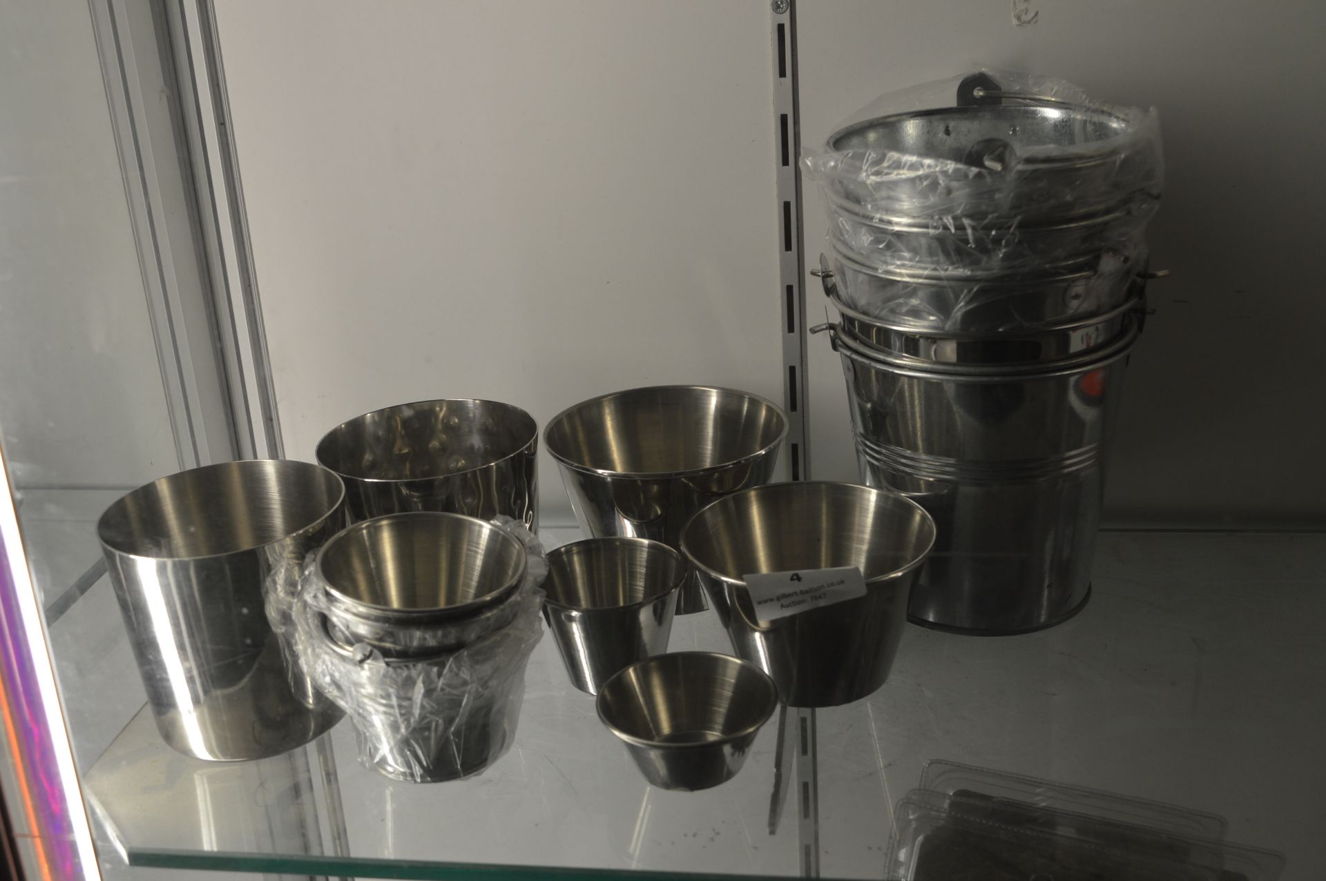 Assorted Stainless Steel Chip Buckets, Sauce Pots, etc.