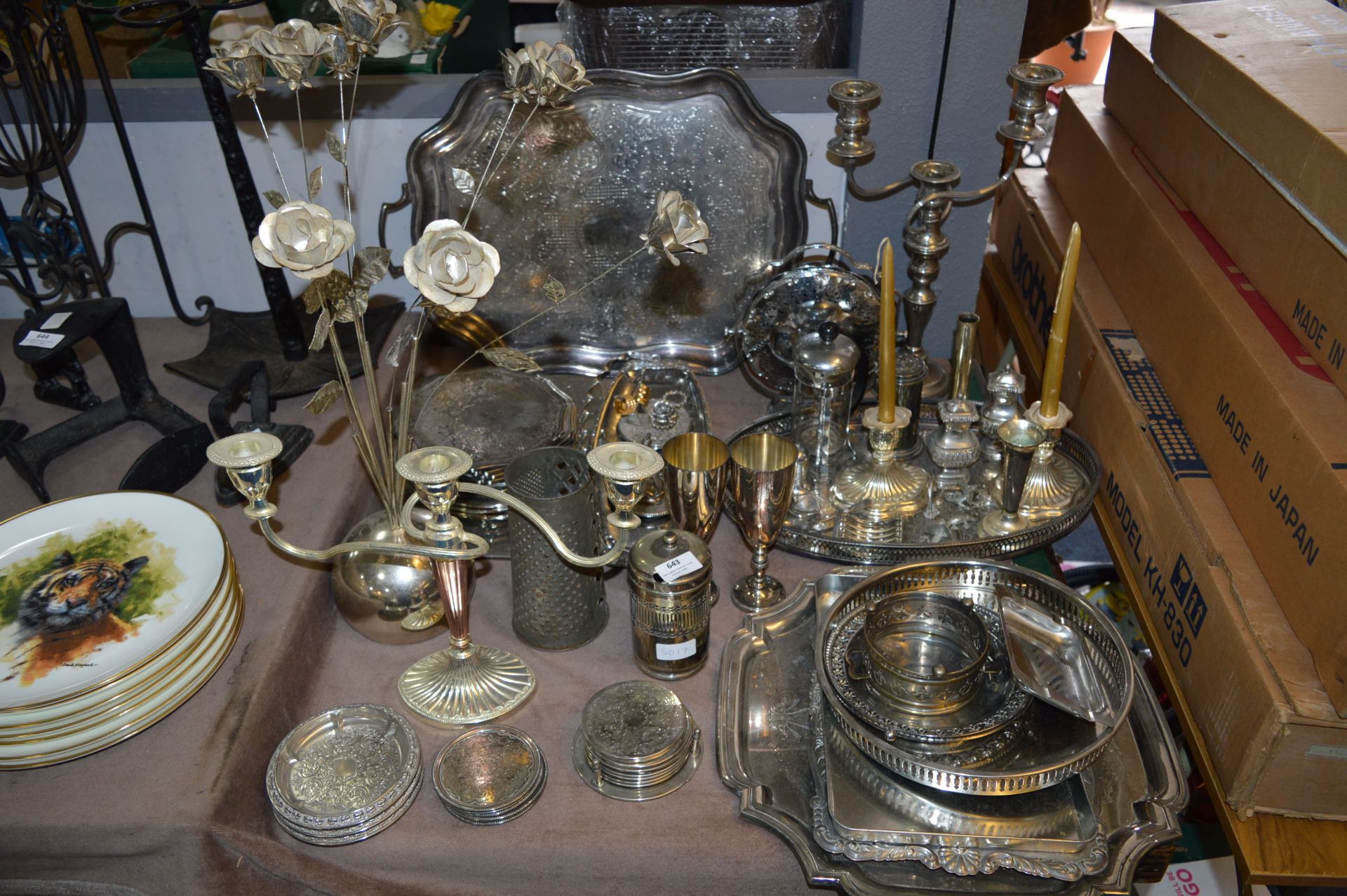 Large Collection of Silver Plated Ware; Floral Decorations, Table Coasters, Gallery Trays,