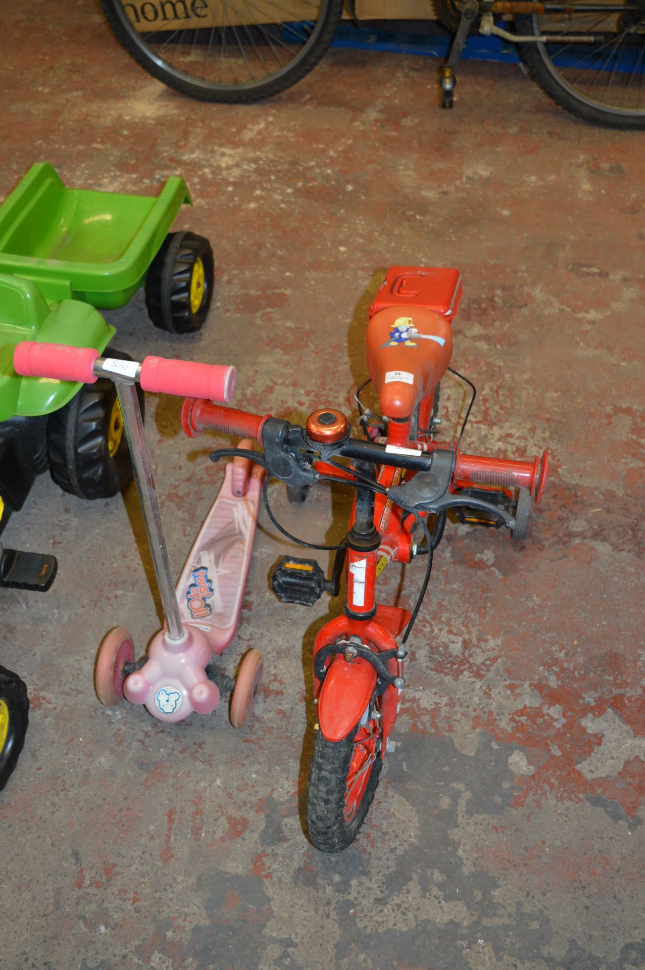 Fire Chief Child Bicycle with Stabilisers, and a Pink Three Wheel Scooter