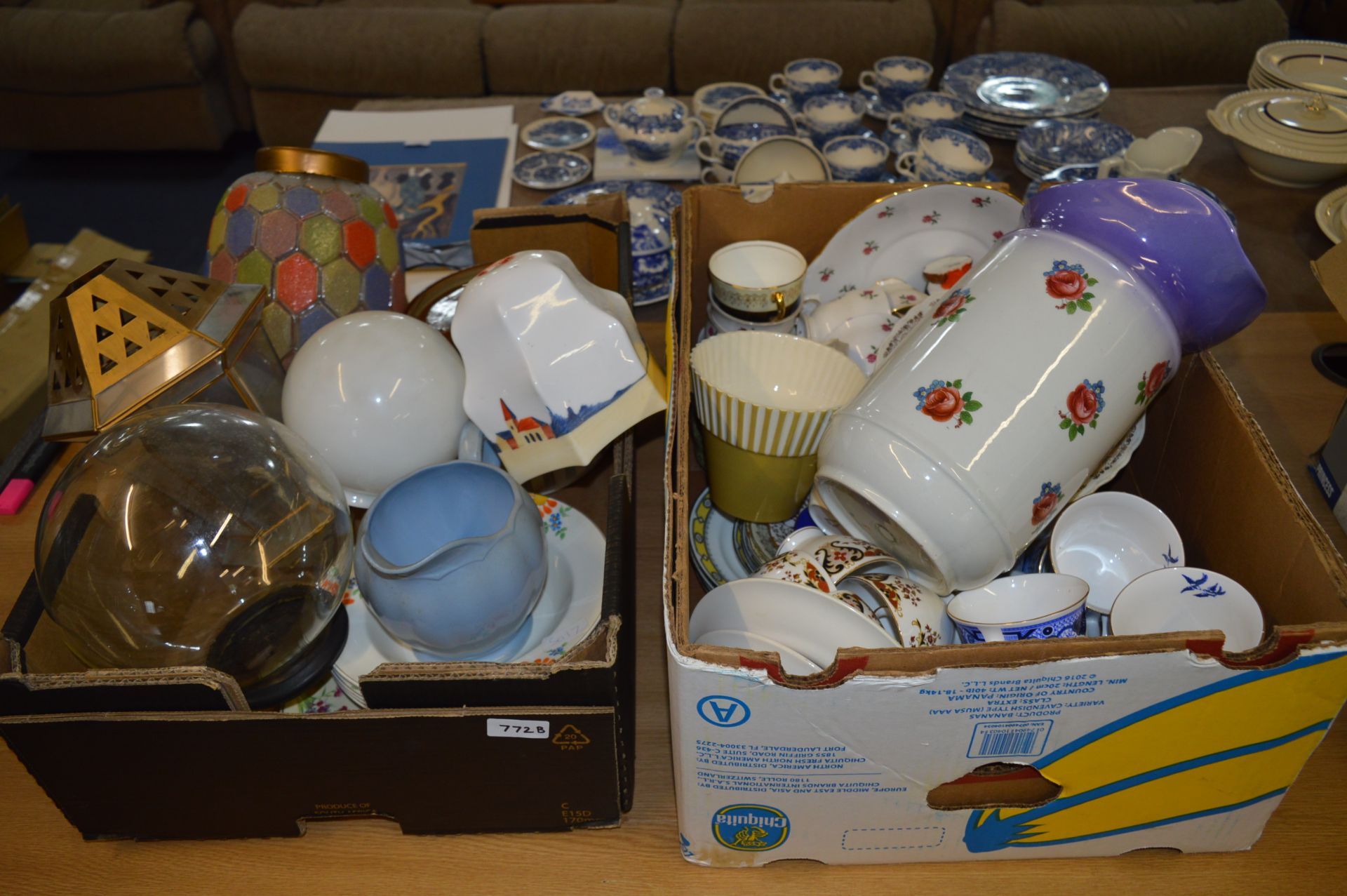 Two Boxes of Assorted Pottery , Part Dinner Sets, etc.