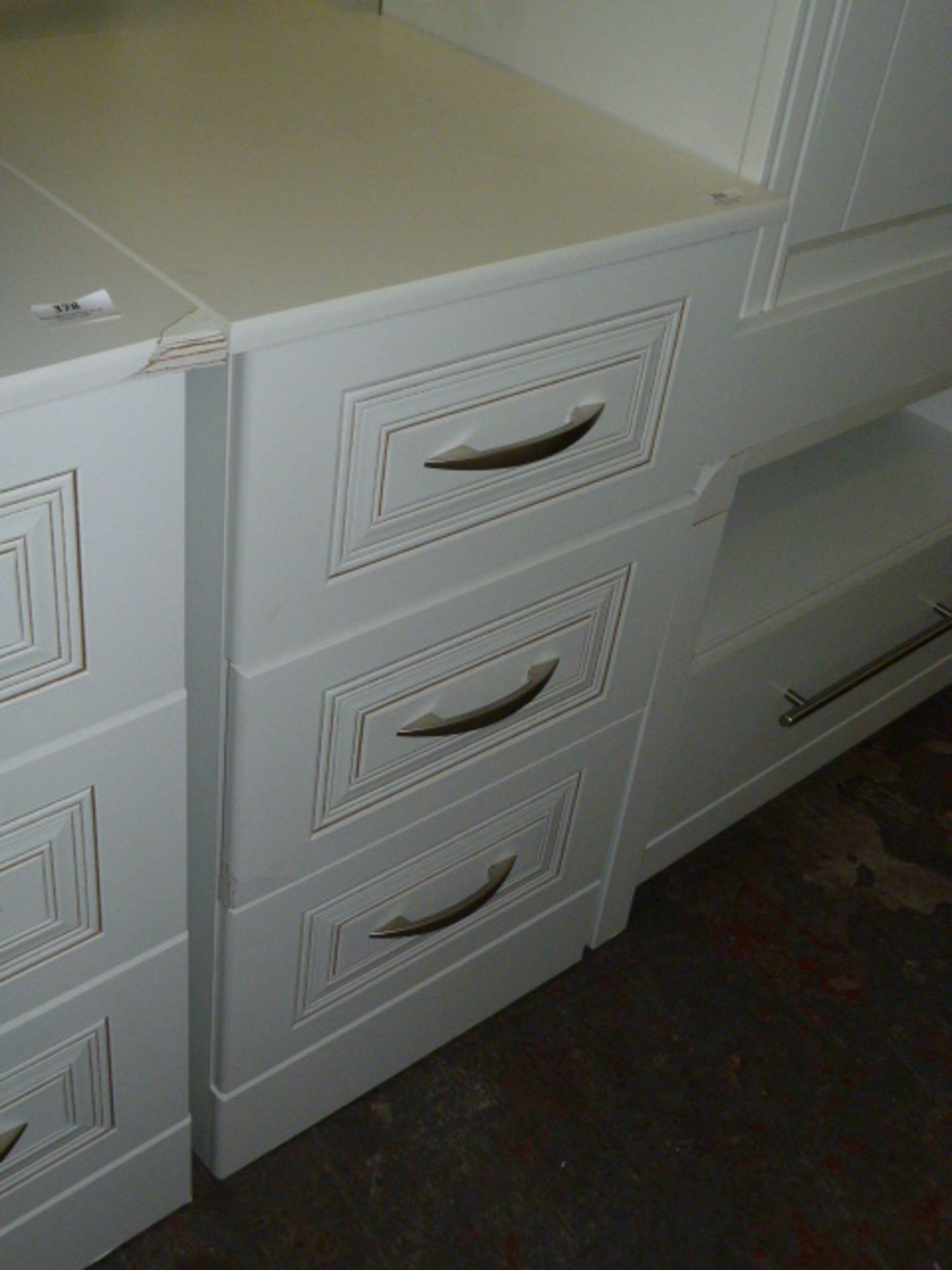 *White Three Drawer Bedside Cabinet with Brushed Stainless Steel Handles