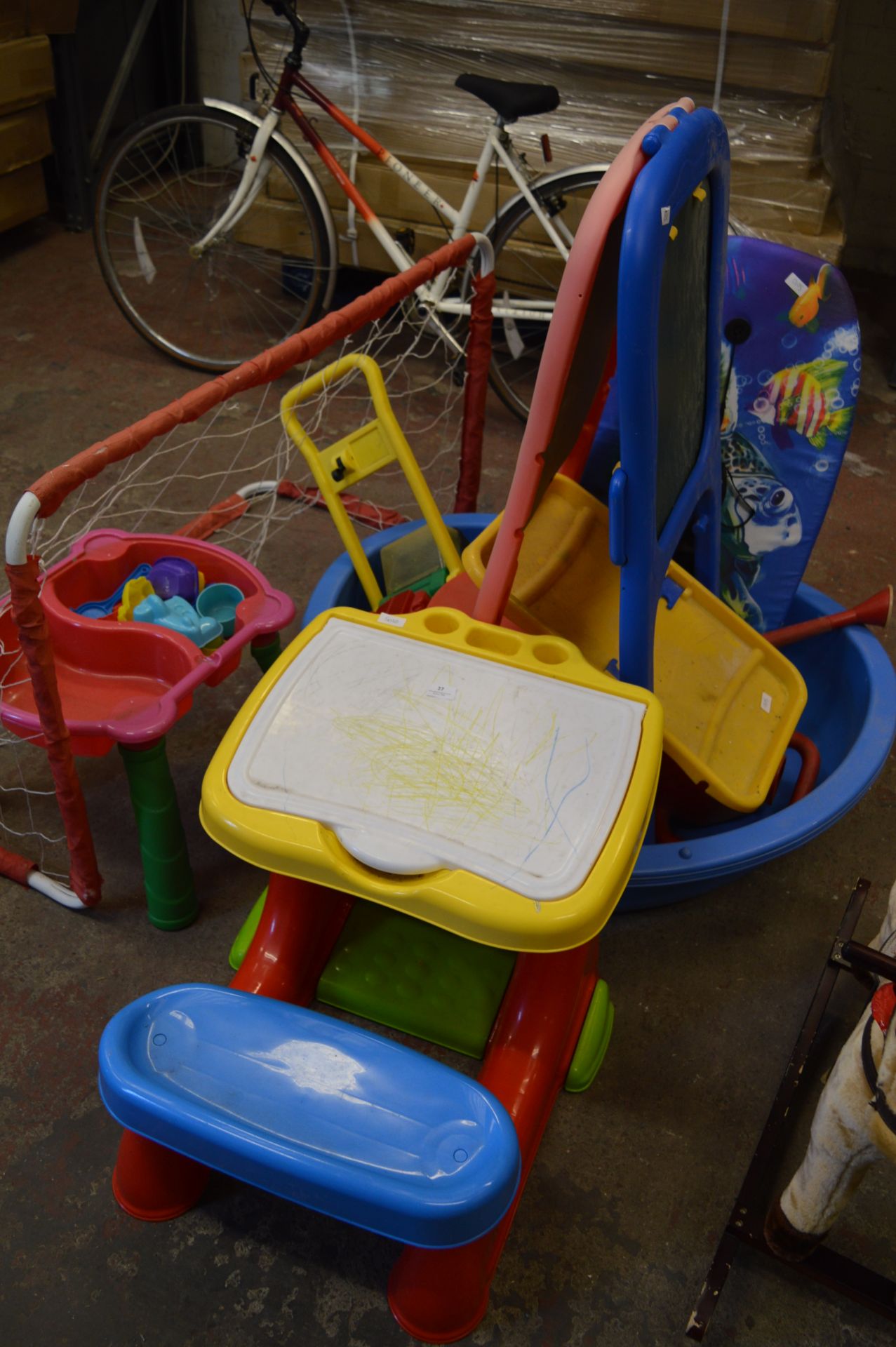 Assorted Children's Toys Including Goals, Writing Desks, Easel, Push along Lawnmower, Boogie