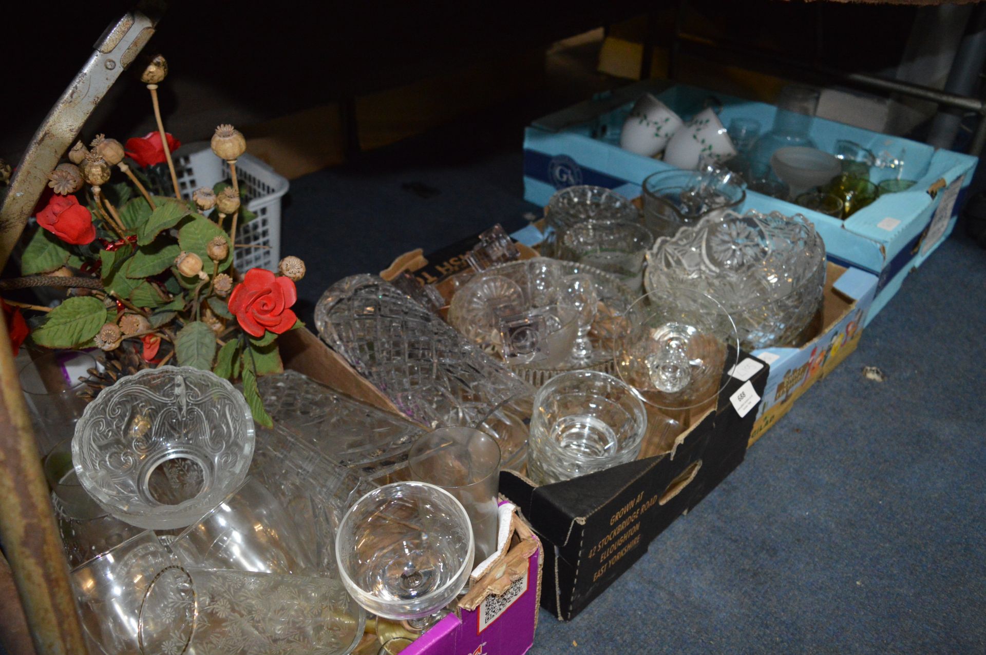 Four Boxes Containing Glassware; Vases, Fruit Bowls, Drinking Glassware, etc.