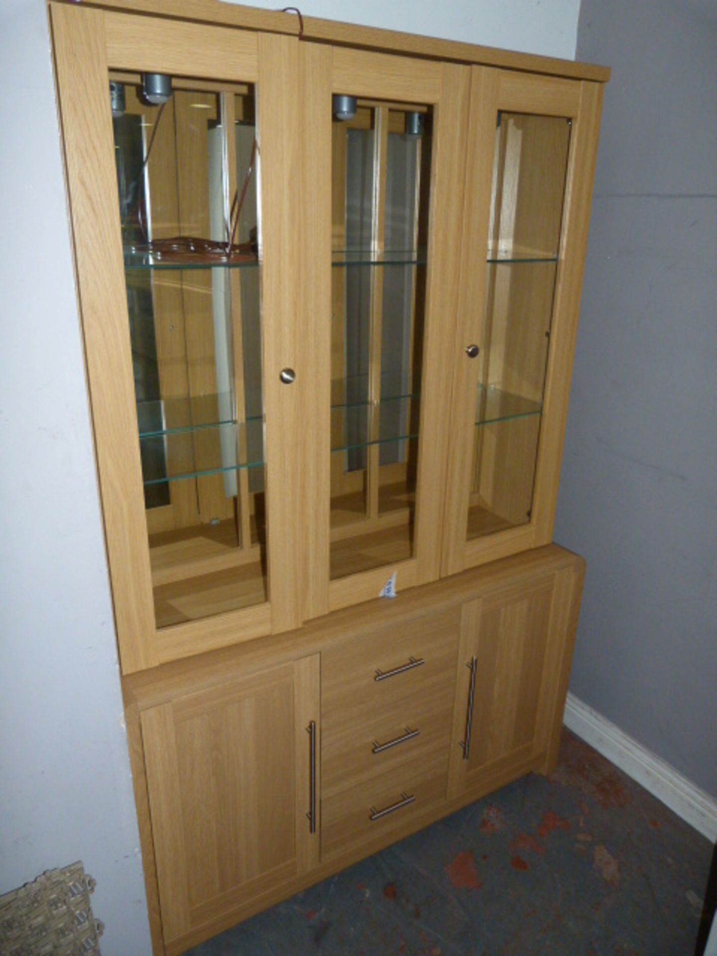 *Light Oak Wall Unit with Mirrored Back with Cupboards and Drawers