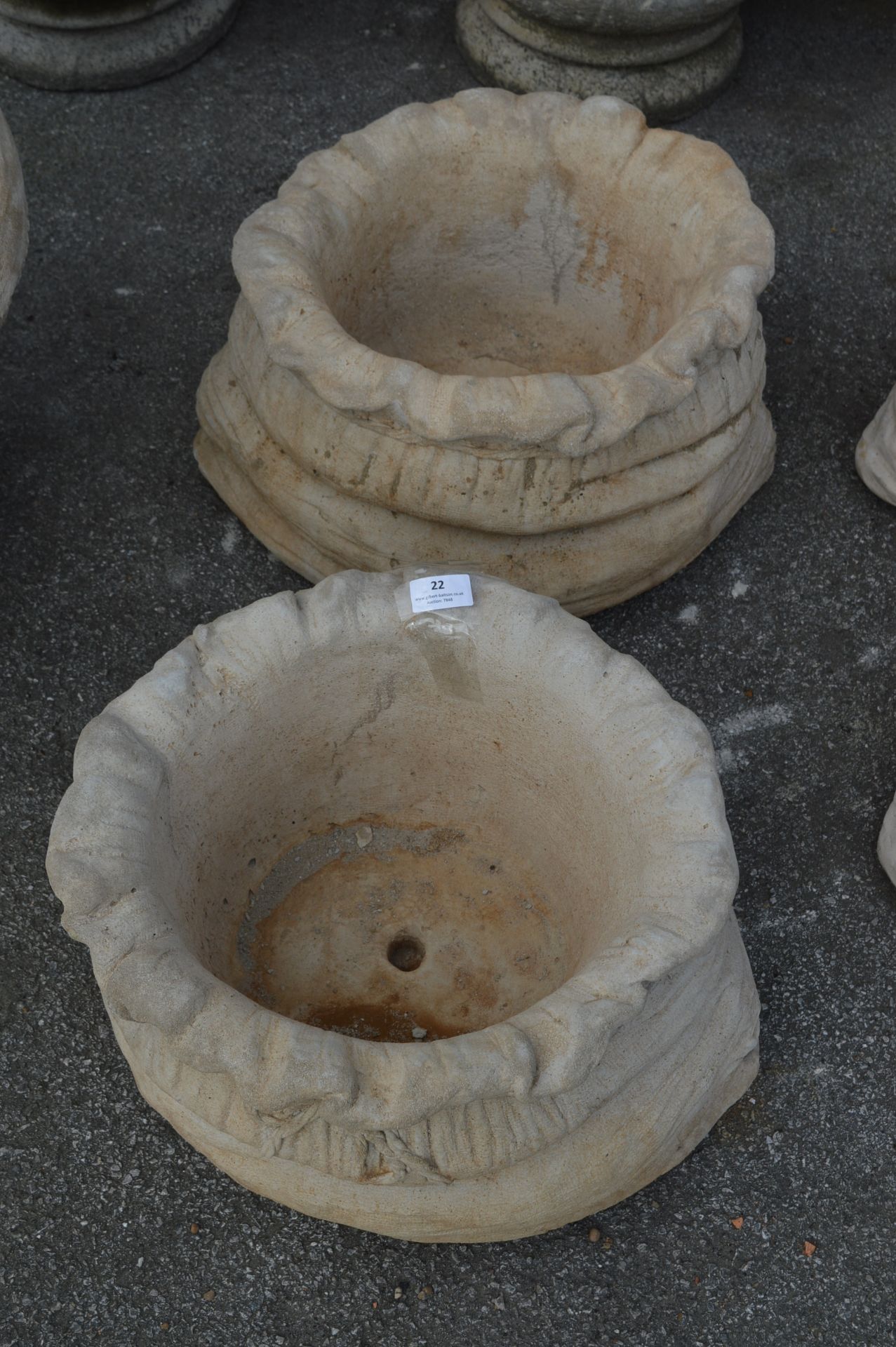 Pair of Large Reconstituted Limestone Planters in The Form of Sacks