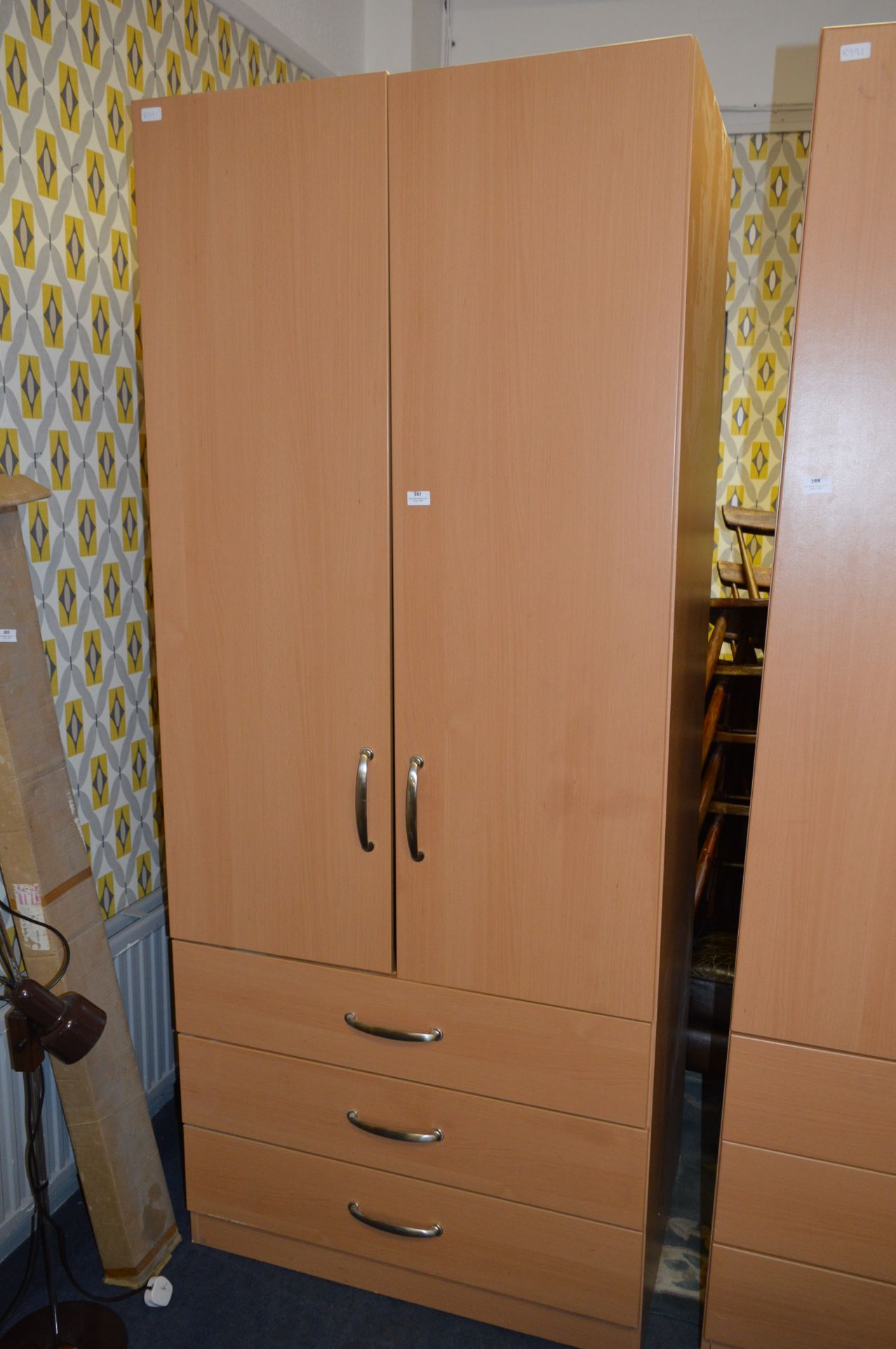 Beech Effect Double Wardrobe with Three Drawers