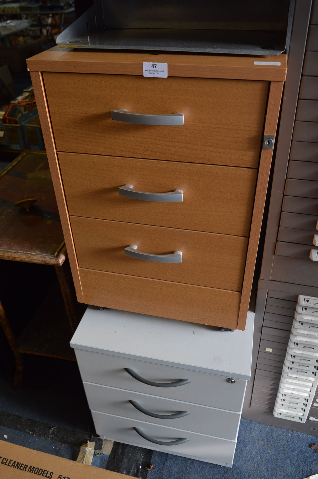 Beech Effect Three Drawer Filing Cabinet and a Grey Three Drawer Filing Cabinet