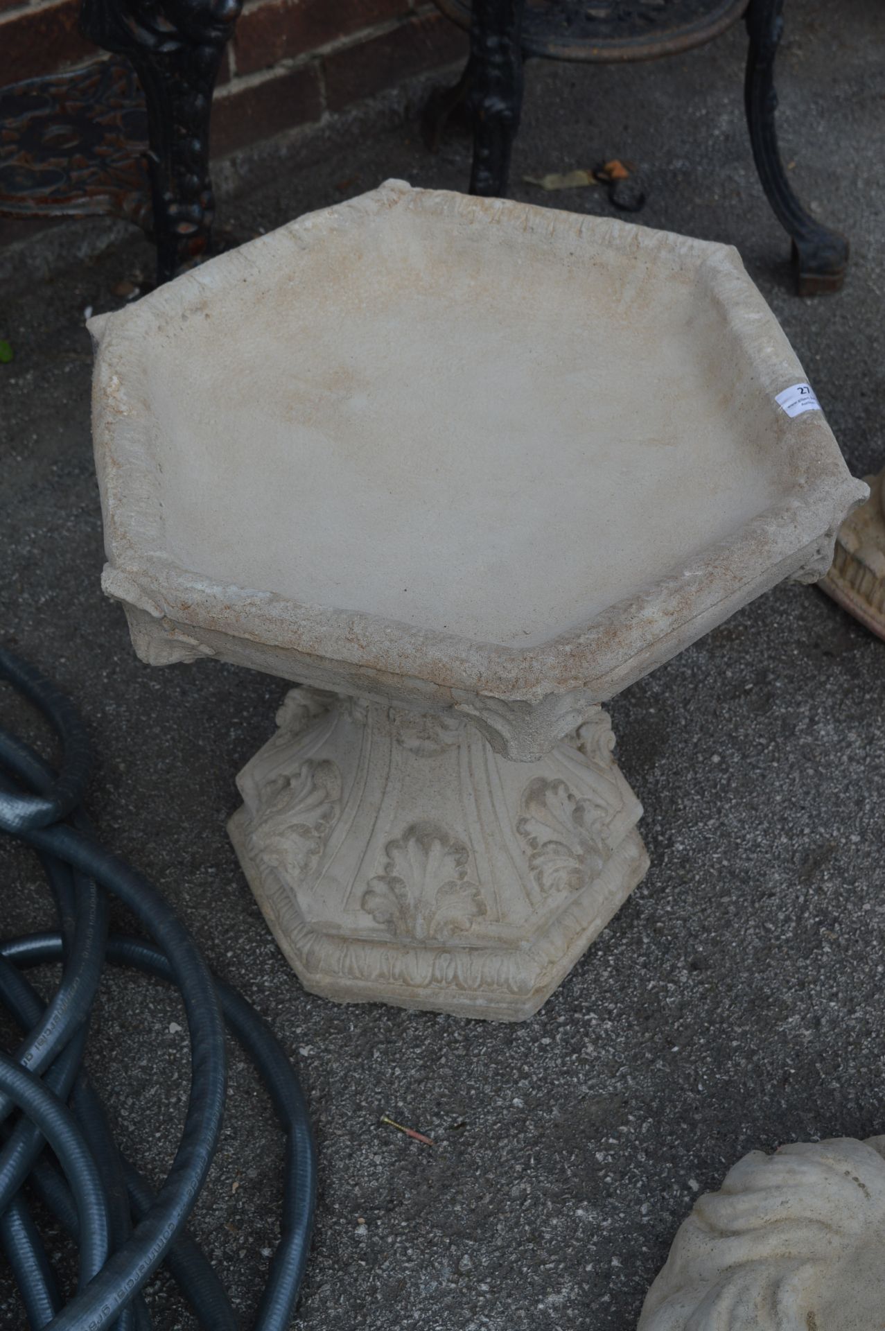 Hexagonal Topped Reconstituted Limestone Birdbath