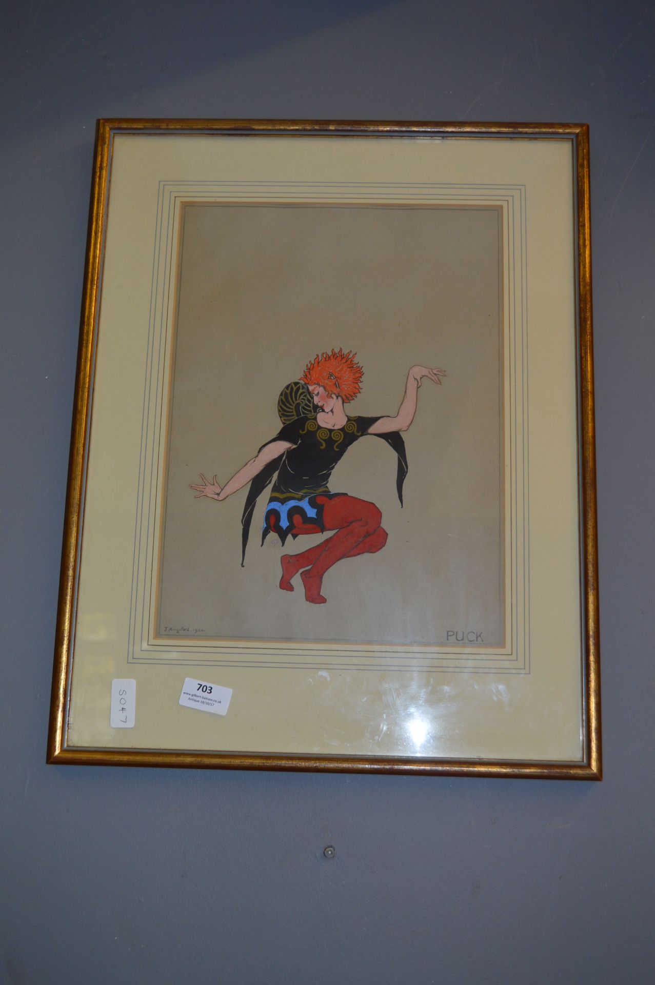 Framed Watercolour on Paper - Puck Signed J Kingsford 1920