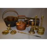 Collection of Brassware, including Candlesticks, Money Box, Kettle etc