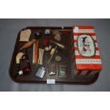 Tray containing Advertising Pencils, Pipes, Cigarette Lighters, Coins, Tin etc