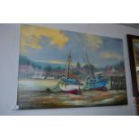 Jack Rigg Oil Painting on Canvas - Boats Moored in Harbour