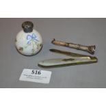 Silver Topped Scent Bottle - Silver Cigar Cheroot & Silver Mother of Pearl Pen Knife