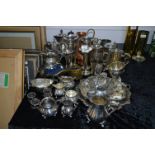 Large Collection of Silver Plated Coffee Pots, Mugs, Vases, Trays, Napkin Rings etc