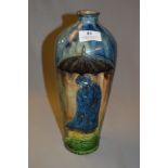 Majolica Style Glaze Vase with Lady in Clogs Decoration