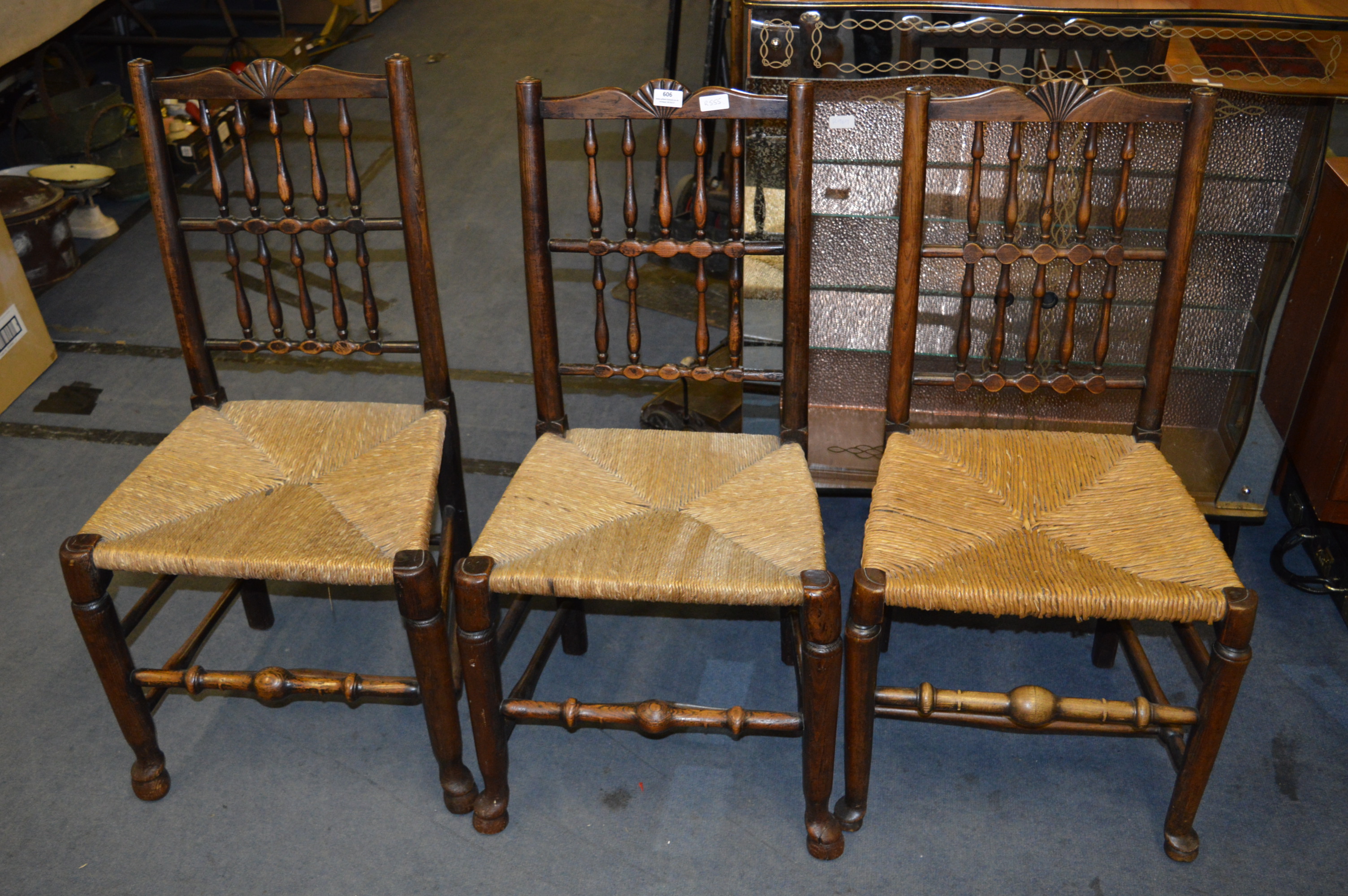 Set of 6 Early 19th Century Oak & Elm Country Dining Chairs with Rush Seats