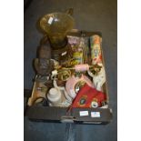 Box containing Telephone, Carved Wood Figurine, Brassware etc