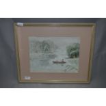 Framed Oriental Watercolour Depicting A Fisherman on Lake Signed Hoe