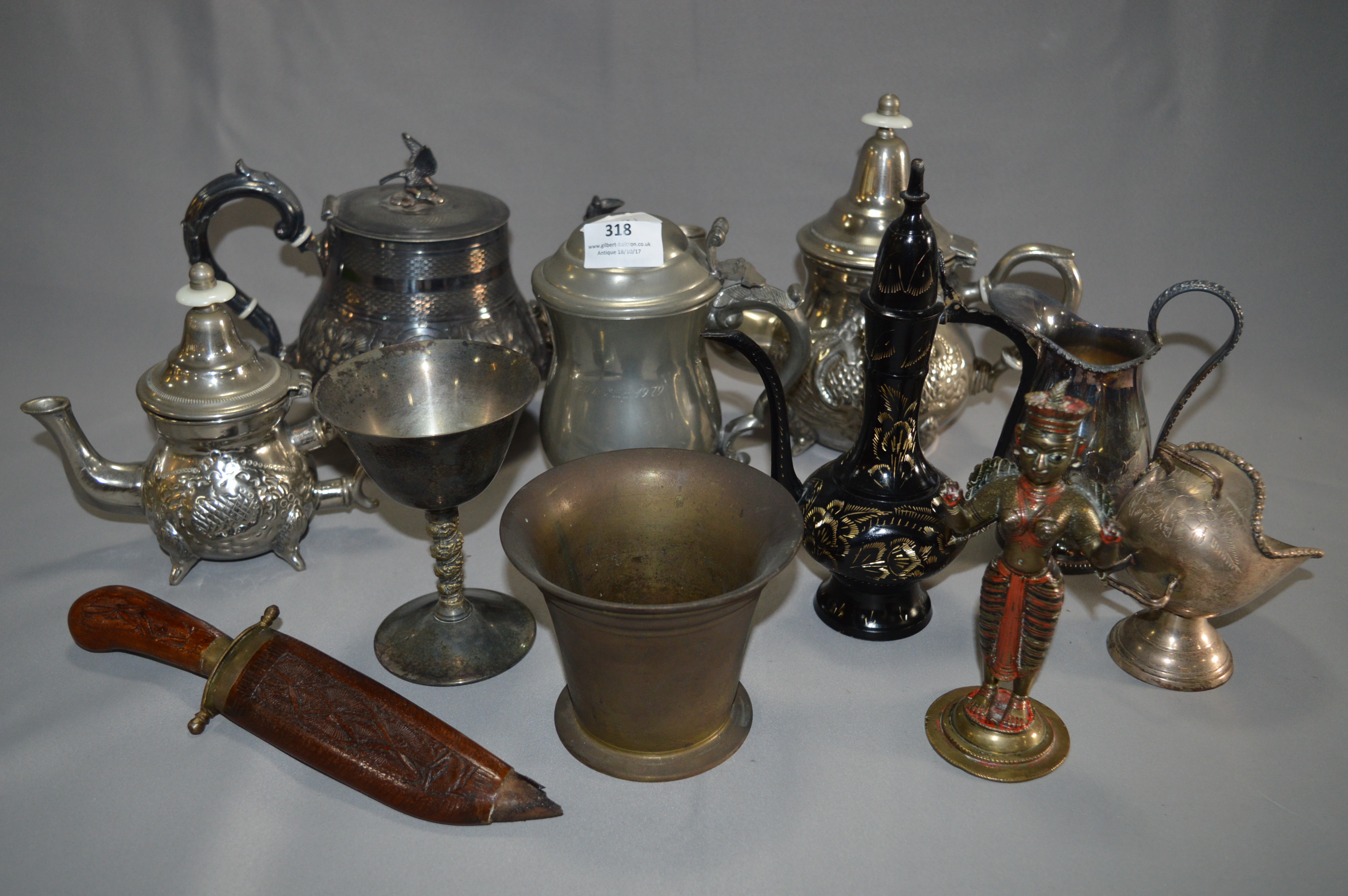 Silver Plated Teapots, Brass Pestle, etc