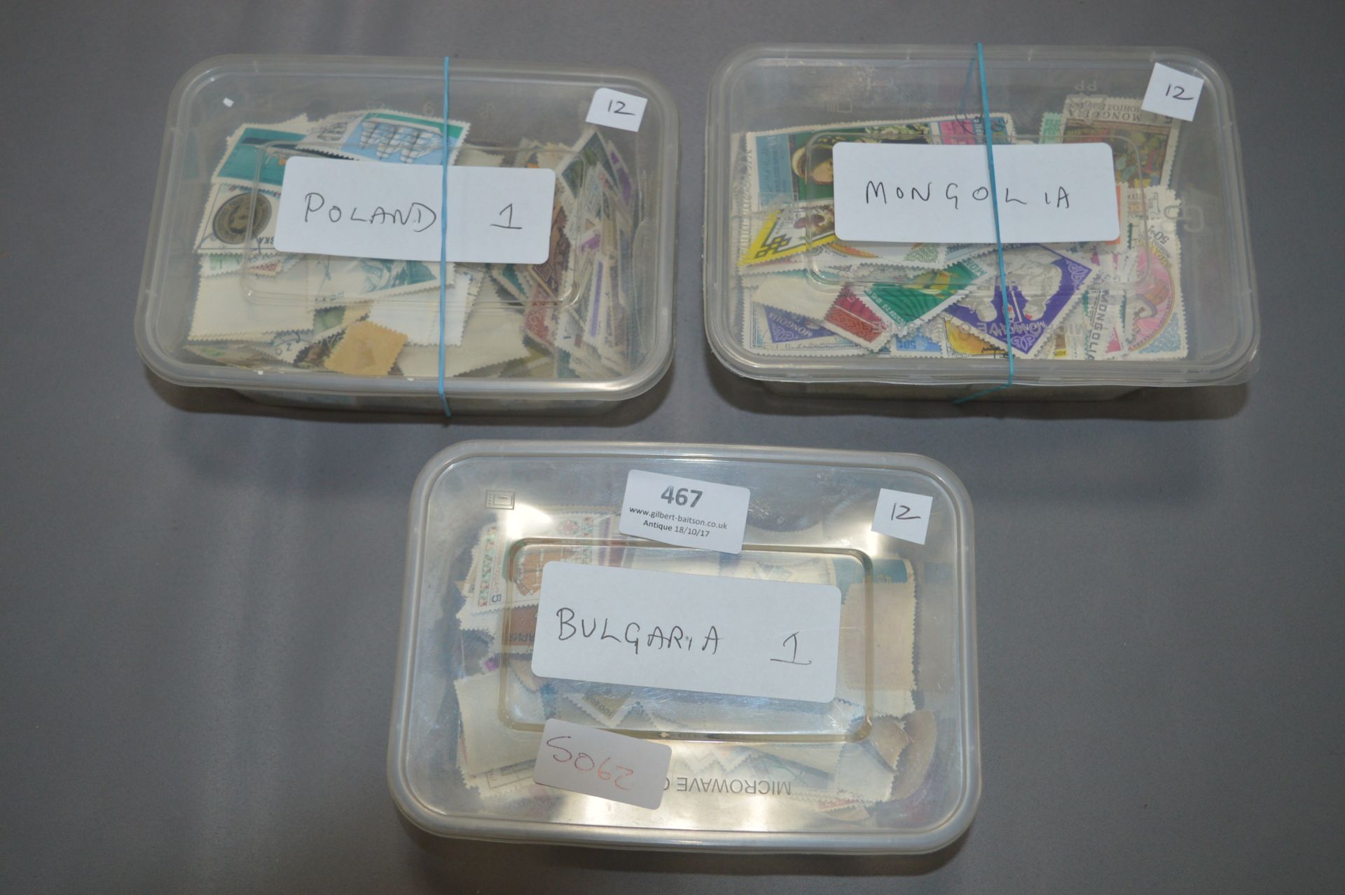 3 Tubs containing Stamps from Bulgaria, Poland & Mongolia