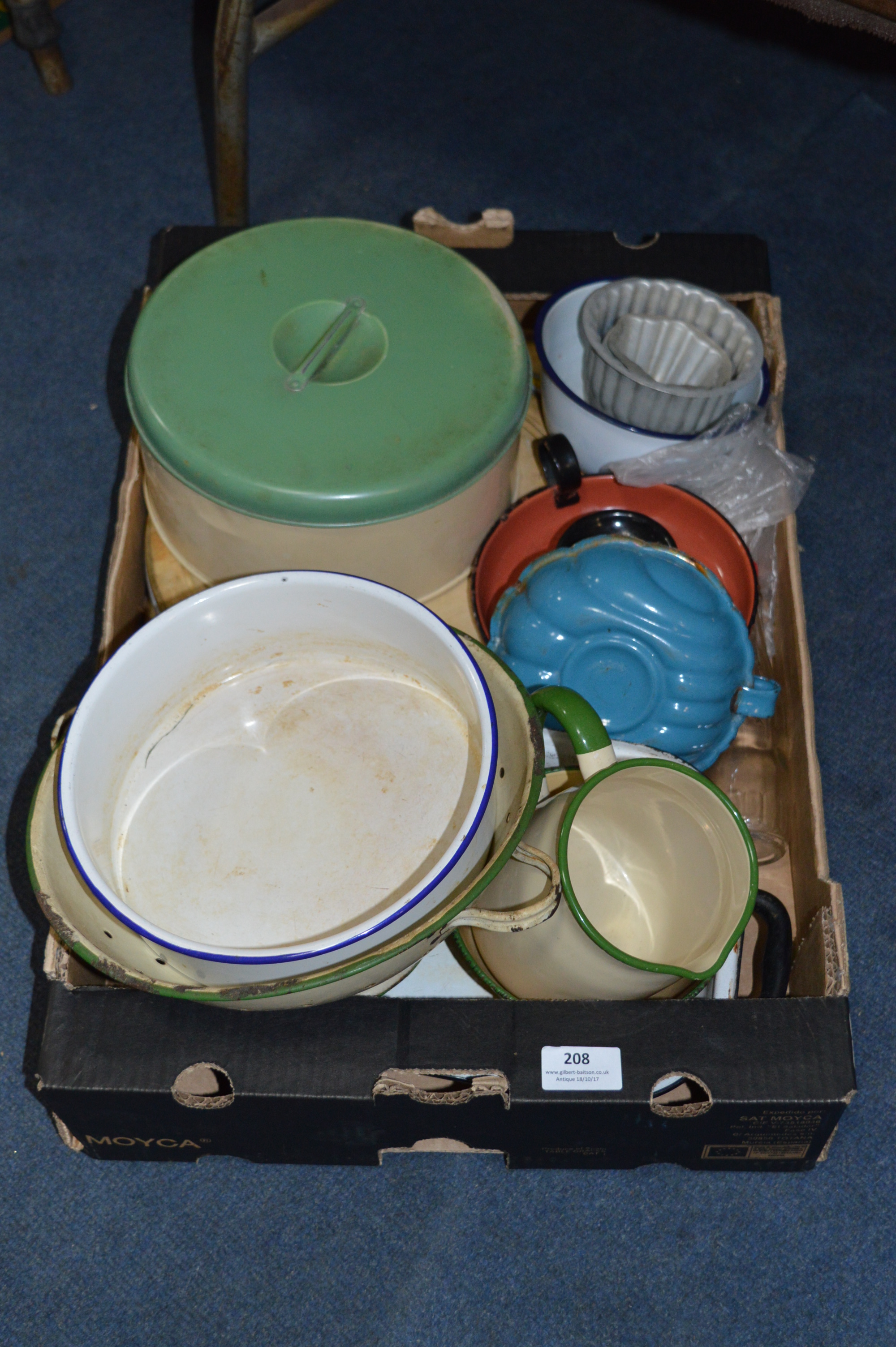 Green & Cream Enamel Kitchenware including Biscuit Barrel, Bread Board etc