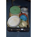 Green & Cream Enamel Kitchenware including Biscuit Barrel, Bread Board etc