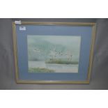 Framed Watercolour Depicting Geese Flying Over Lake Signed Hoe